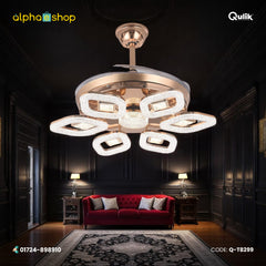 Qulik 48" Modern Chandelier Retractable Invisible Blade Silent 3 Color Change LED Remote Ceiling Fan (Golden) | Q-T8299