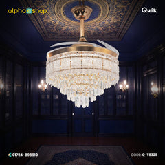 Qulik 48" Crystal Chandelier Retractable Invisible Blade Silent 3 Color Change LED Remote Ceiling Fan (Golden) | Q-T8329