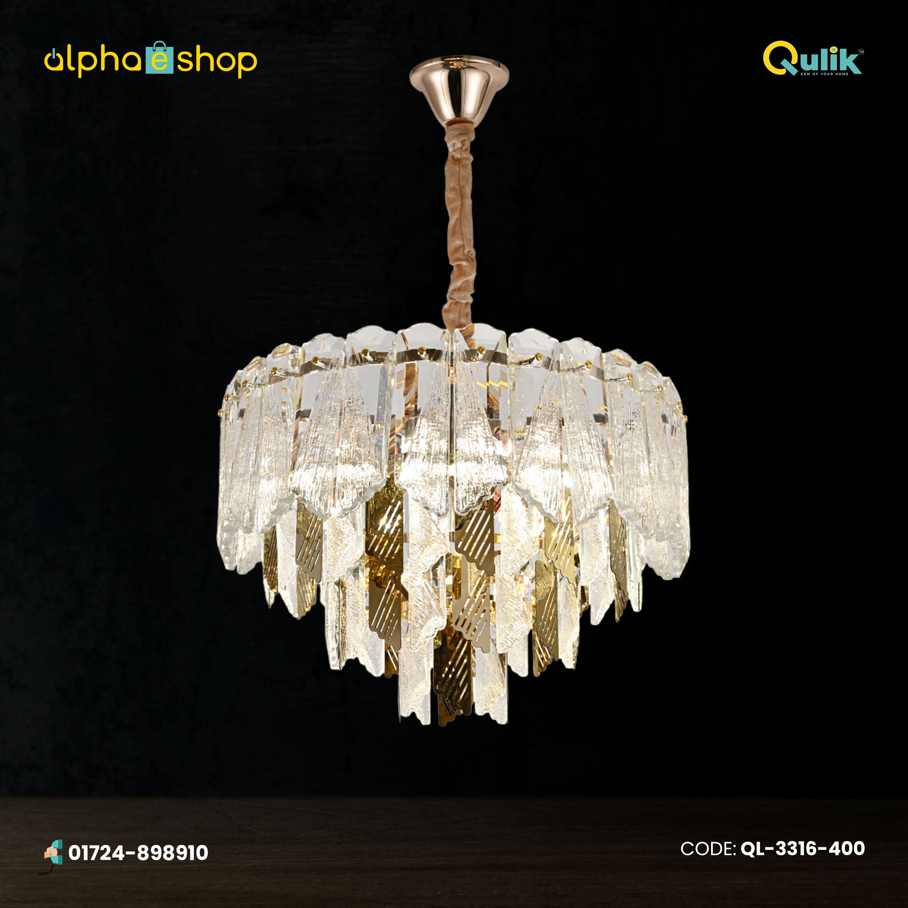 Qulik QL-3316-400 Modern Crystal Chandelier - Contemporary Design, Adjustable Lighting, LED Technology, 2-Year Warranty. Enhance your space with this stylish glass ceiling light.