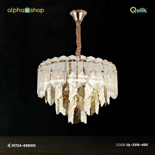 Qulik QL-3316-400 Modern Crystal Chandelier - Contemporary Design, Adjustable Lighting, LED Technology, 2-Year Warranty. Enhance your space with this stylish glass ceiling light.