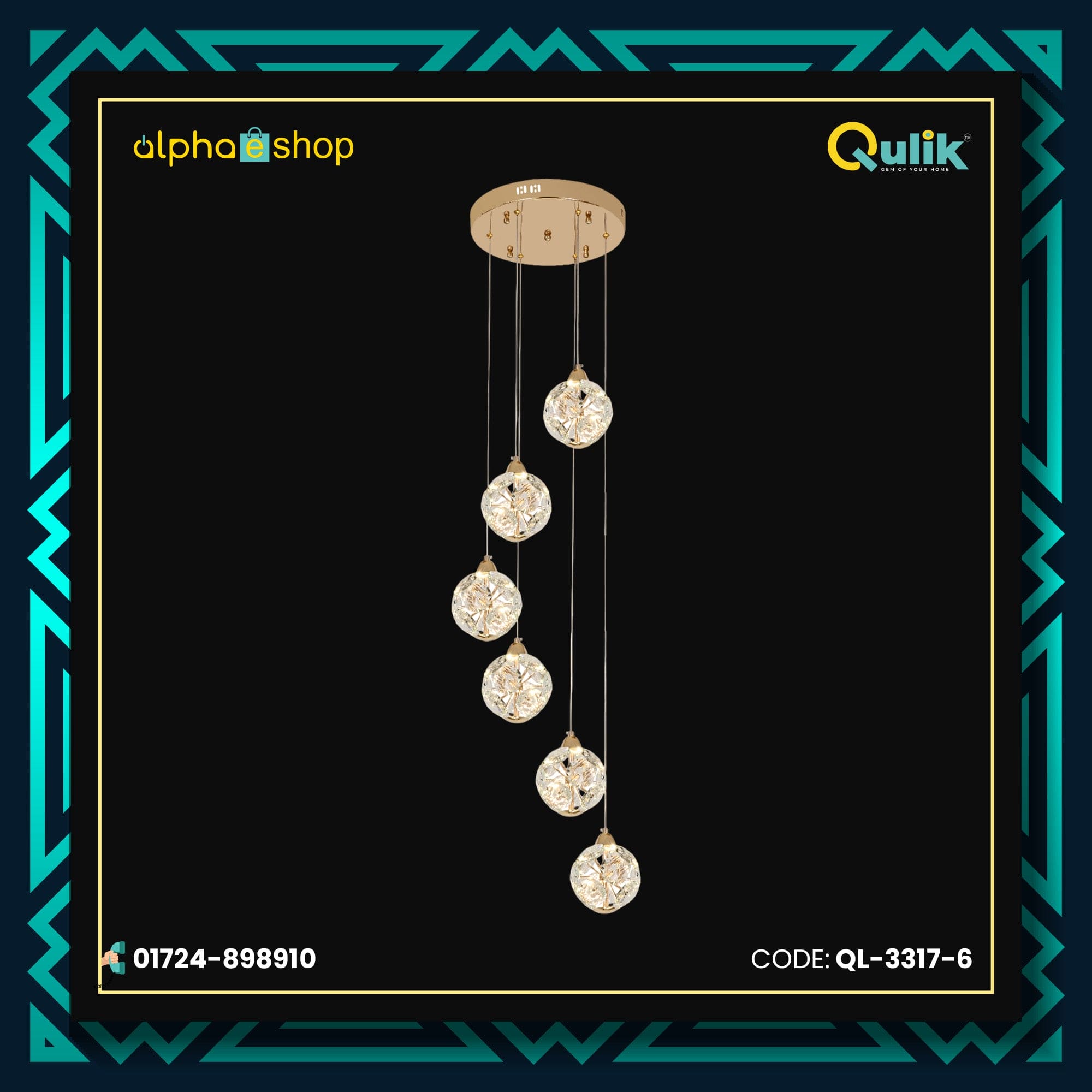 Qulik QL-3317-6 Circle-Shape Glass Ceiling Light - Contemporary Design, 3-Color Adjustable Light, 2-Year Warranty. Illuminate your space with this modern crystal hanging chandelier featuring six illuminating circles.