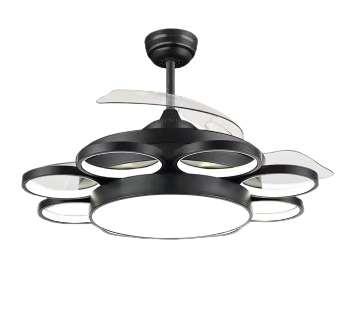 Qulik 48 Inch Modern Chandelier Retractable Invisible Blade Silent 3 Color Change LED Remote Ceiling Fan (Golden) Q-8223-BK - Stylish and Functional Ceiling Fan with Chandelier-style Underlight in Black Color