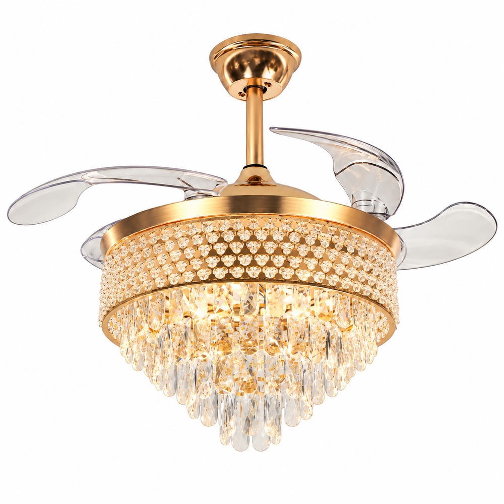 Qulik 48-inch golden chandelier ceiling fan with retractable clear blades, crystal light, 3-color LED and remote control.