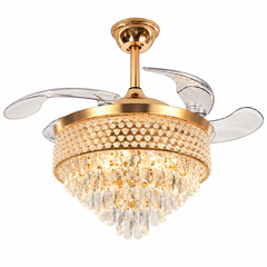 Qulik 48-inch golden chandelier ceiling fan with retractable clear blades, crystal light, 3-color LED and remote control.
