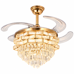 Qulik 48-inch golden chandelier ceiling fan with retractable clear blades, crystal LED light, 3-color lighting and remote control.