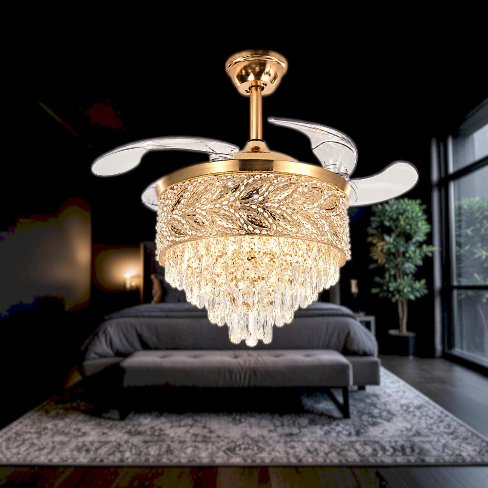 Qulik 48-inch golden chandelier ceiling fan with retractable clear blades, crystal light, 3-color LED and remote control.