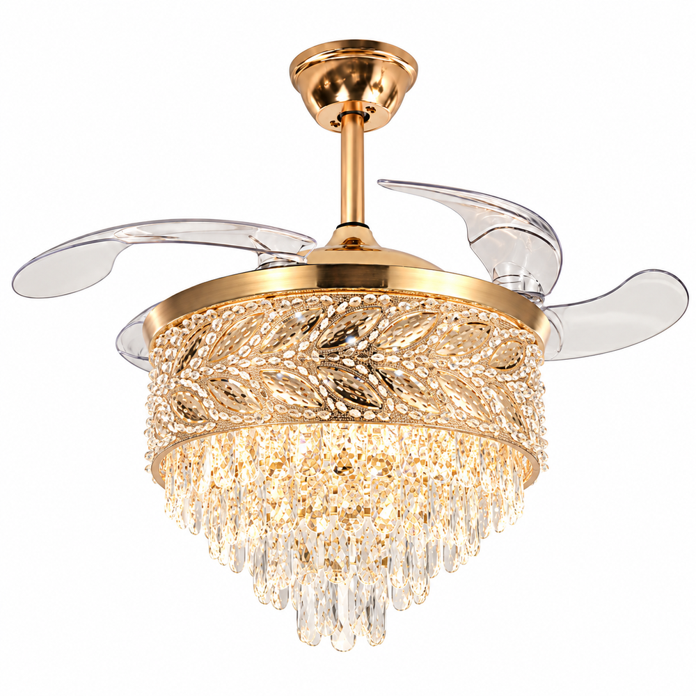 Qulik 48-inch golden chandelier ceiling fan with retractable clear blades, crystal light, 3-color LED and remote control.