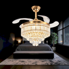 Qulik 48-inch golden chandelier ceiling fan with retractable clear blades, crystal light, 3-color LED and remote control.