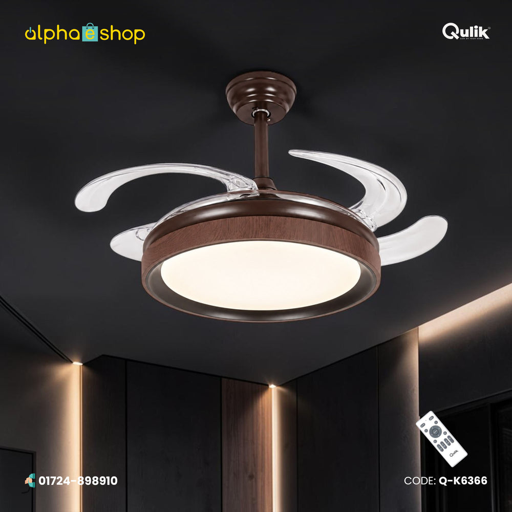 Qulik 48-inch wooden ceiling fan with retractable clear blades, 3-color LED light, remote control and silent operation.