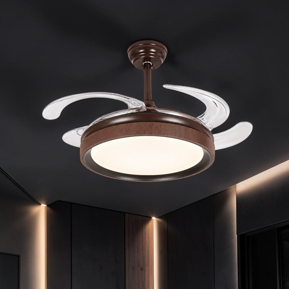 Qulik 48-inch wooden ceiling fan with retractable clear blades, 3-color LED light, remote control and silent operation.