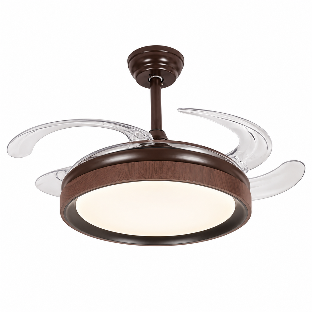 Qulik 48-inch wooden ceiling fan with retractable clear blades, 3-color LED light, remote control and silent operation.