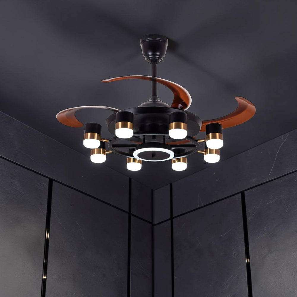 Qulik 48-inch black chandelier ceiling fan with retractable blades, 3-color LED light, remote control and silent operation.
