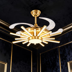 Qulik 48-inch golden ceiling fan with retractable clear blades, sunburst 3-color LED light, remote control and silent operation.