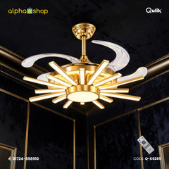 Qulik 48-inch golden ceiling fan with retractable clear blades, sunburst 3-color LED light, remote control and silent operation.