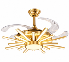 Qulik 48-inch golden ceiling fan with retractable clear blades, sunburst 3-color LED light, remote control and silent operation.