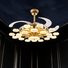 Qulik 48-inch golden ceiling fan with retractable clear blades, multi-light 3-color LED, remote control and silent operation.