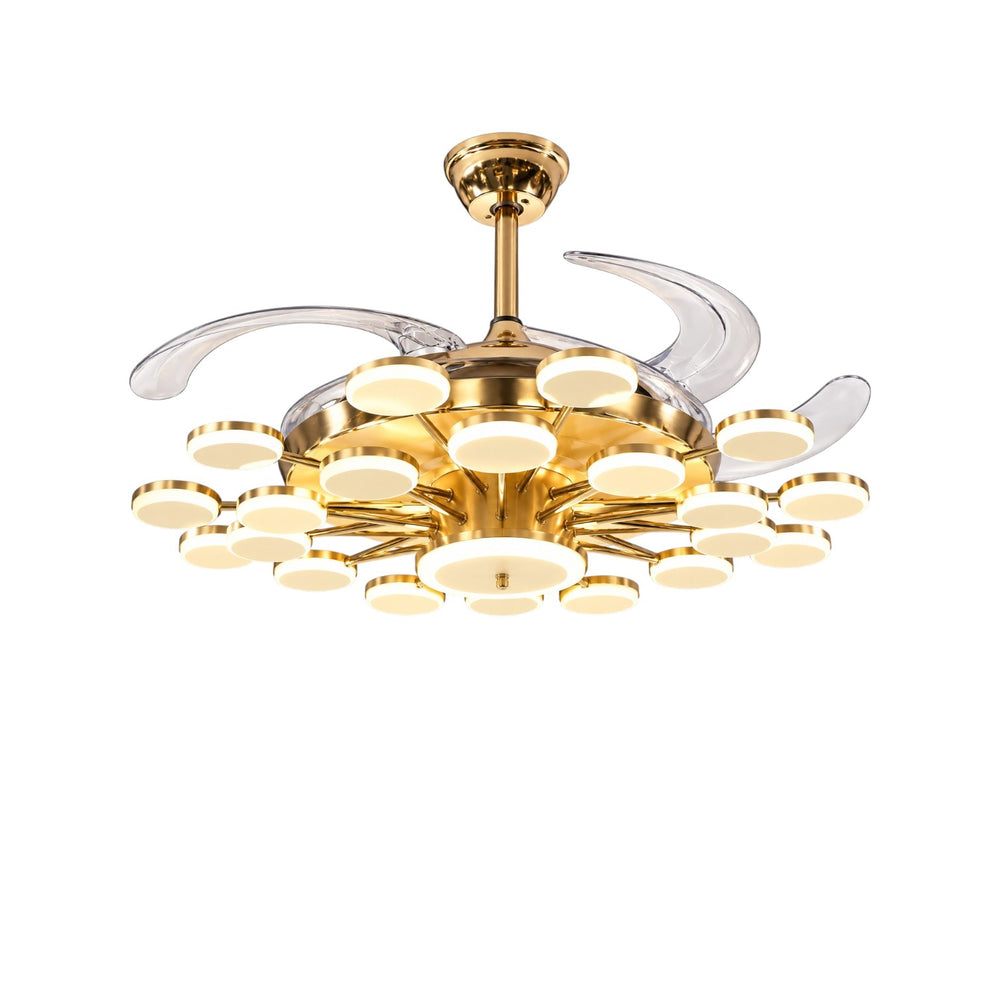 Qulik 48-inch golden retractable ceiling fan with clear blades, multiple 3-color LED lights, remote control and silent operation.