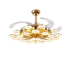 Qulik 48-inch golden retractable ceiling fan with clear blades, multiple 3-color LED lights, remote control and silent operation.