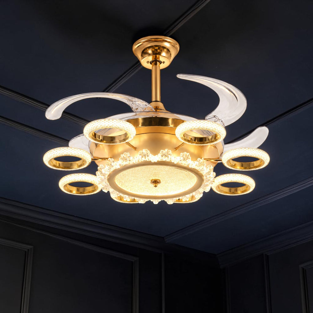 Qulik 48-inch golden ceiling fan with retractable clear blades, circular 3-color LED lights, crystal trim and remote control.