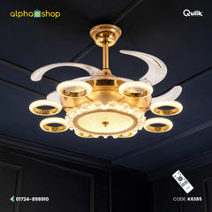 Qulik 48-inch golden ceiling fan with retractable clear blades, circular 3-color LED lights, crystal trim and remote control.