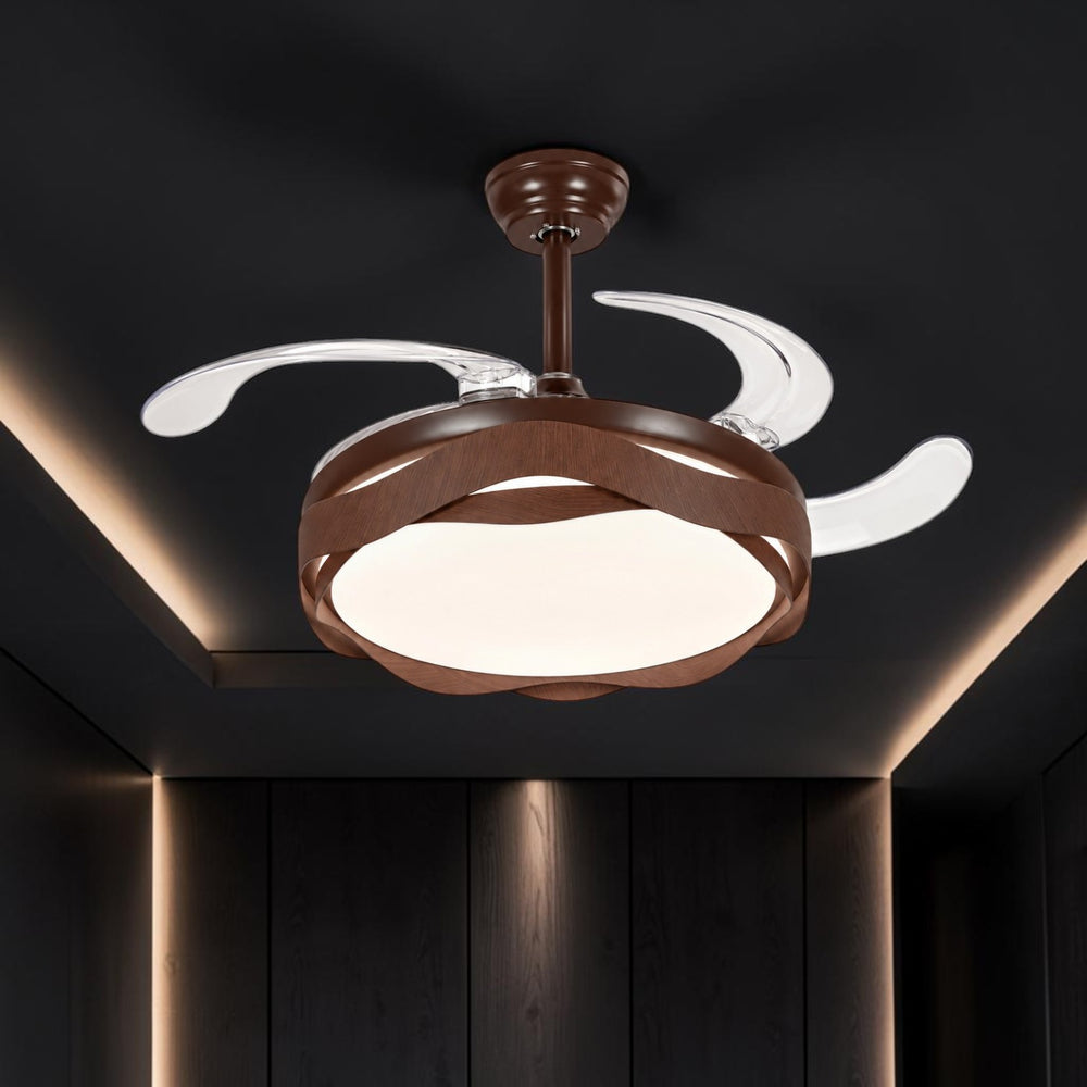 Qulik 48-inch wooden ceiling fan with retractable clear blades, 3-color LED light, remote control and silent operation.