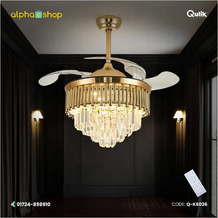 Qulik 48-inch golden retractable blade ceiling fan featuring a crystal chandelier light fixture with remote control.