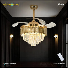 Qulik 48-inch golden retractable blade ceiling fan featuring a crystal chandelier light fixture with remote control.
