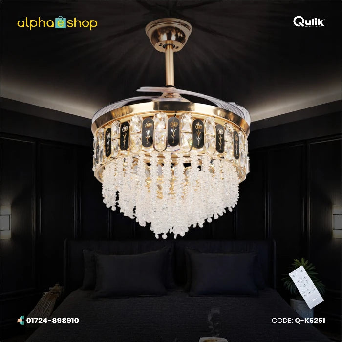 Qulik 48-inch golden retractable blade ceiling fan featuring an ornate tiered crystal chandelier with black floral accents and remote control.