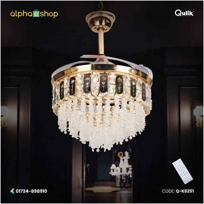 Qulik 48-inch golden retractable blade ceiling fan featuring a tiered crystal chandelier with black and gold floral details.