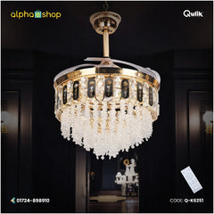 Qulik 48-inch golden retractable blade ceiling fan featuring a tiered crystal chandelier with black and gold floral details.