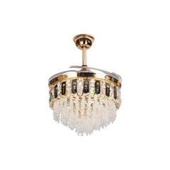 Qulik 48-inch golden ceiling fan featuring a tiered crystal chandelier with black floral patterned bands over a white background.