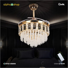 Qulik 48-inch golden retractable blade ceiling fan featuring an ornate tiered crystal chandelier with black floral accents and remote control.