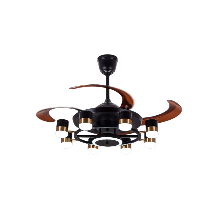 Qulik 48-inch black ceiling fan with an industrial multi-bulb LED chandelier and extended brown retractable blades over a white background.