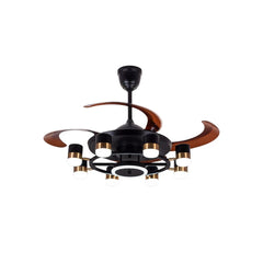 Qulik 48-inch black ceiling fan with an industrial multi-bulb LED chandelier and extended brown retractable blades over a white background.