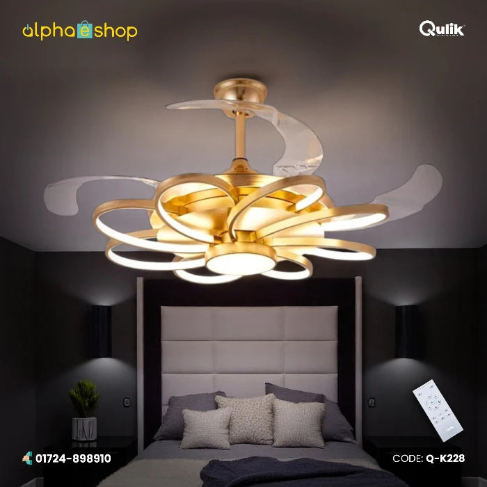 Qulik 48-inch golden retractable blade ceiling fan featuring a modern overlapping curved ribbon LED chandelier fixture and remote control.