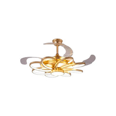 Qulik 48-inch golden ceiling fan featuring a modern overlapping curved ribbon LED chandelier fixture with extended retractable blades.