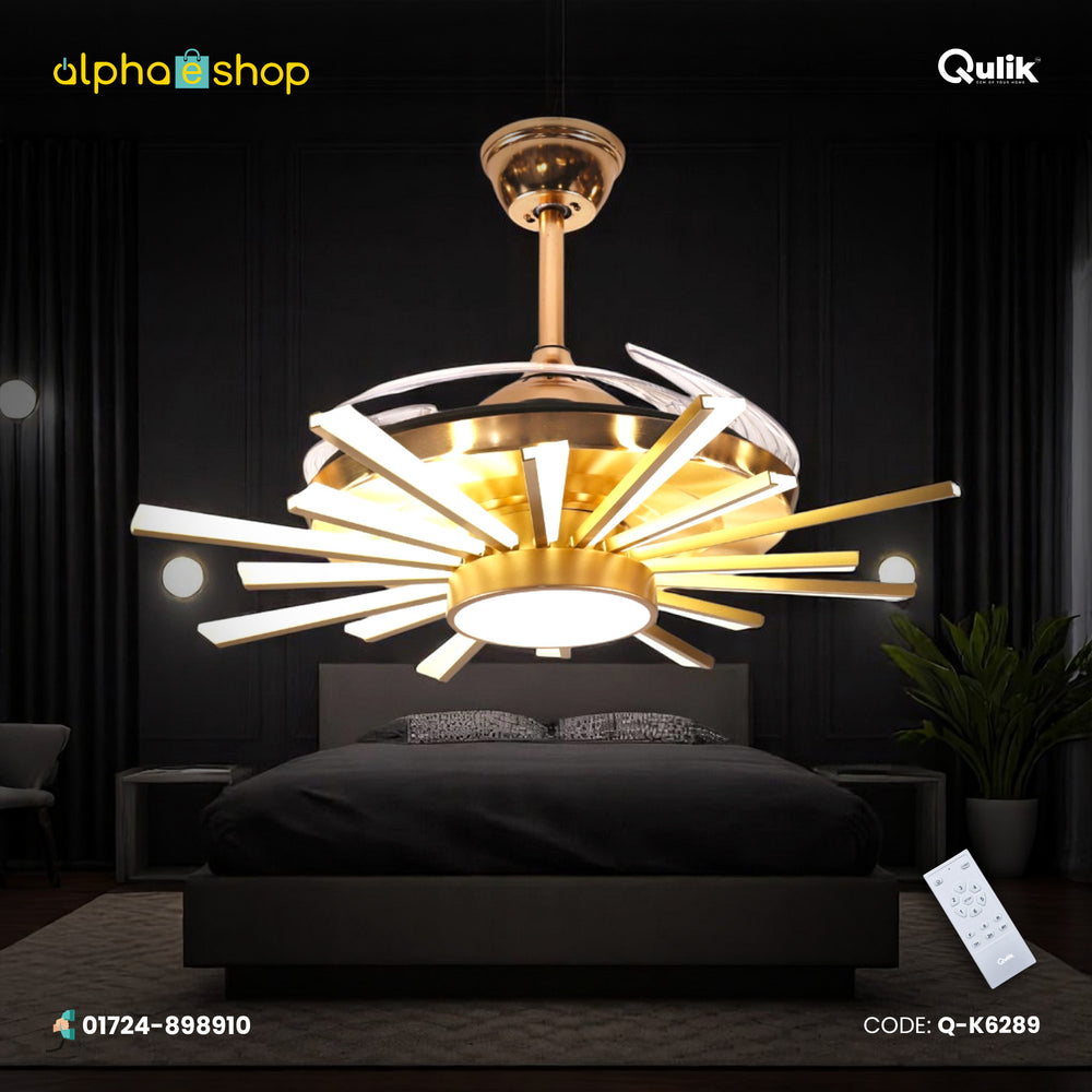 Qulik 48-inch golden ceiling fan featuring a modern starburst linear LED chandelier with retractable invisible blades and remote control.