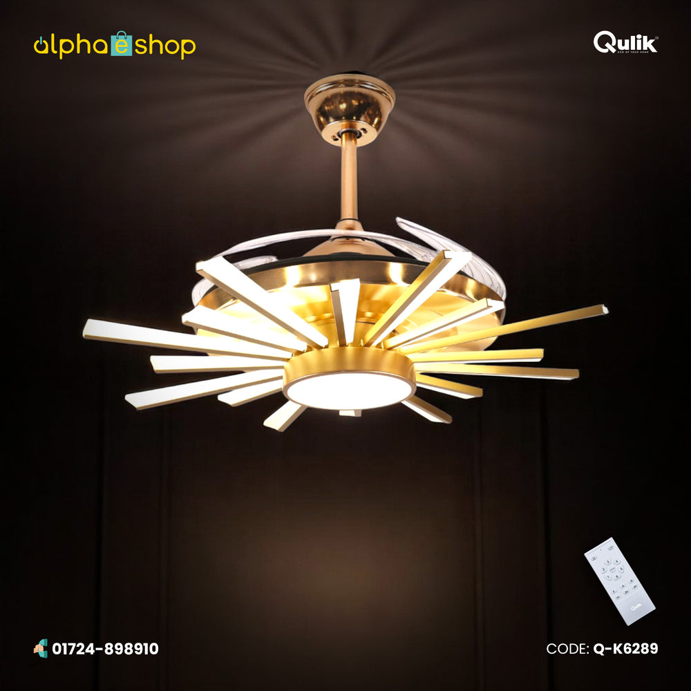 Qulik 48-inch golden ceiling fan featuring a modern starburst linear LED chandelier fixture with invisible retractable blades.