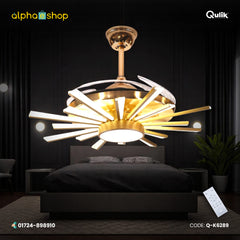 Qulik 48-inch golden ceiling fan featuring a modern starburst linear LED chandelier with retractable invisible blades and remote control.