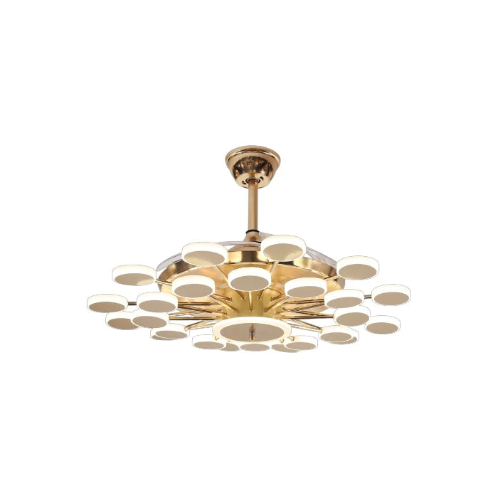 Qulik 48-inch golden ceiling fan featuring a modern multi-disc layered LED chandelier fixture with folded invisible blades over a white background.