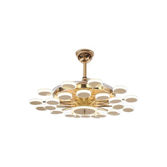 Qulik 48-inch golden ceiling fan featuring a modern multi-disc layered LED chandelier fixture with folded invisible blades over a white background.