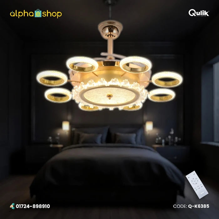 Qulik 48-inch golden retractable blade ceiling fan featuring a modern halo and circular crystal LED chandelier fixture with remote control.