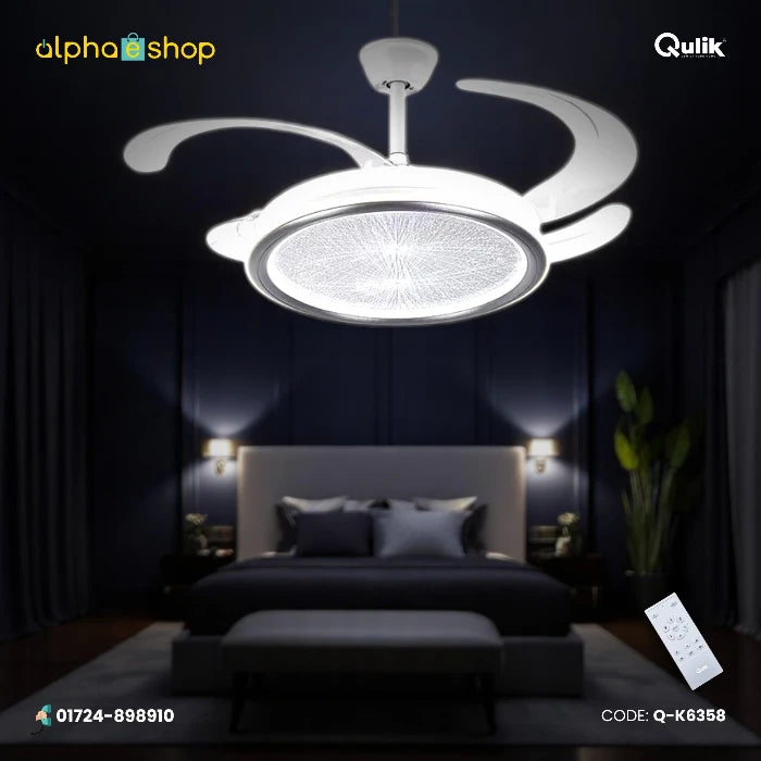 Qulik 48-inch white ceiling fan featuring an extended retractable blade design and a round glittering LED chandelier light fixture.