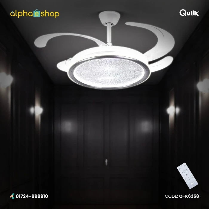 Qulik 48-inch white retractable blade ceiling fan with a round textured LED chandelier fixture and remote control.