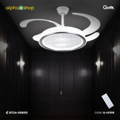 Qulik 48-inch white retractable blade ceiling fan with a round textured LED chandelier fixture and remote control.