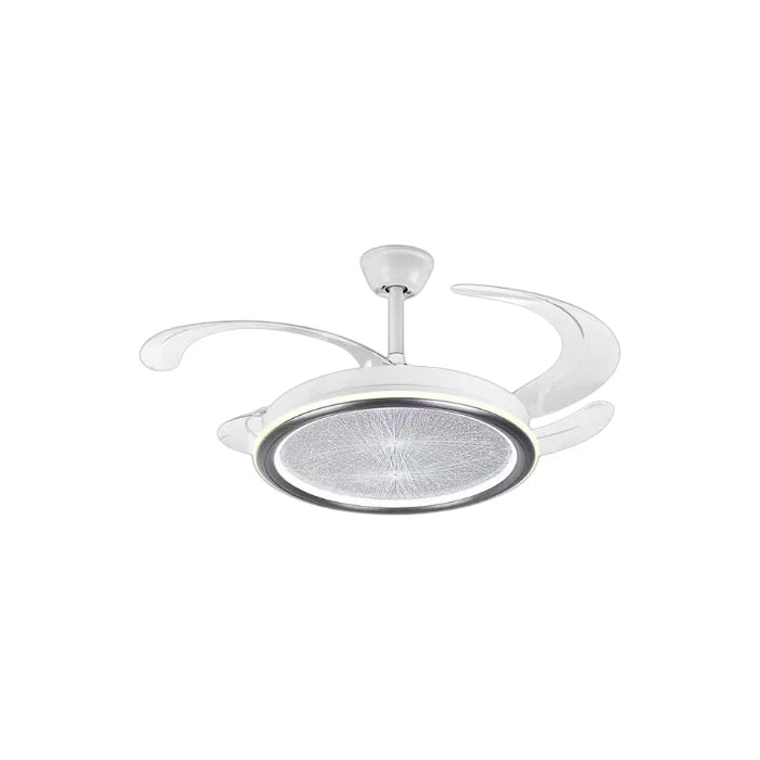 Qulik 48-inch white ceiling fan with extended curved retractable blades and a textured round LED chandelier over a white background.