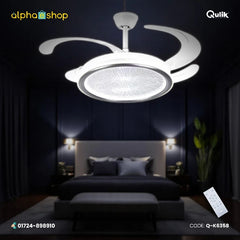 Qulik 48-inch white ceiling fan featuring an extended retractable blade design and a round glittering LED chandelier light fixture.
