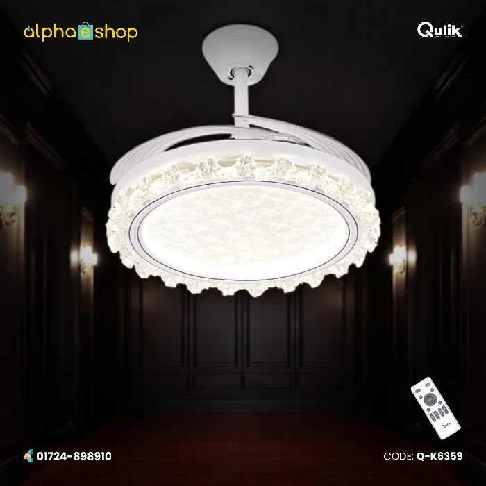Qulik 48-inch white ceiling fan featuring a round crystal-rimmed LED chandelier fixture and retractable blades with remote control.