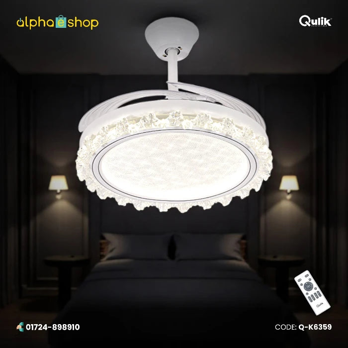 Qulik 48-inch white ceiling fan with a crystal-bordered round LED chandelier fixture and invisible retractable blades.