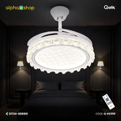 Qulik 48-inch white ceiling fan with a crystal-bordered round LED chandelier fixture and invisible retractable blades.